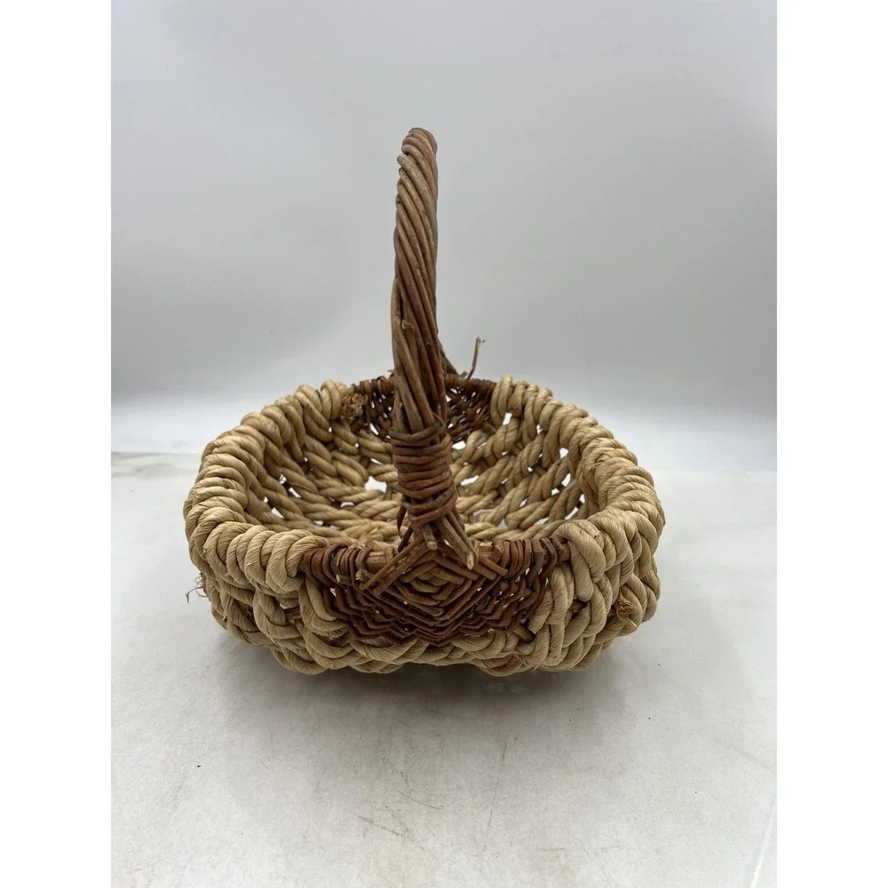 Rustic Woven Wicker and Rope Basket with Handle Natural Fiber Farmhouse Decor